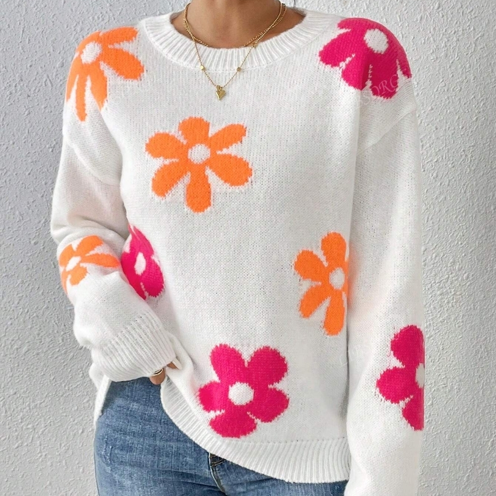 Print Round Neck Drop Shoulder Long Sleeve Casual Loose Pullover Sweater, - Picture 5 of 5